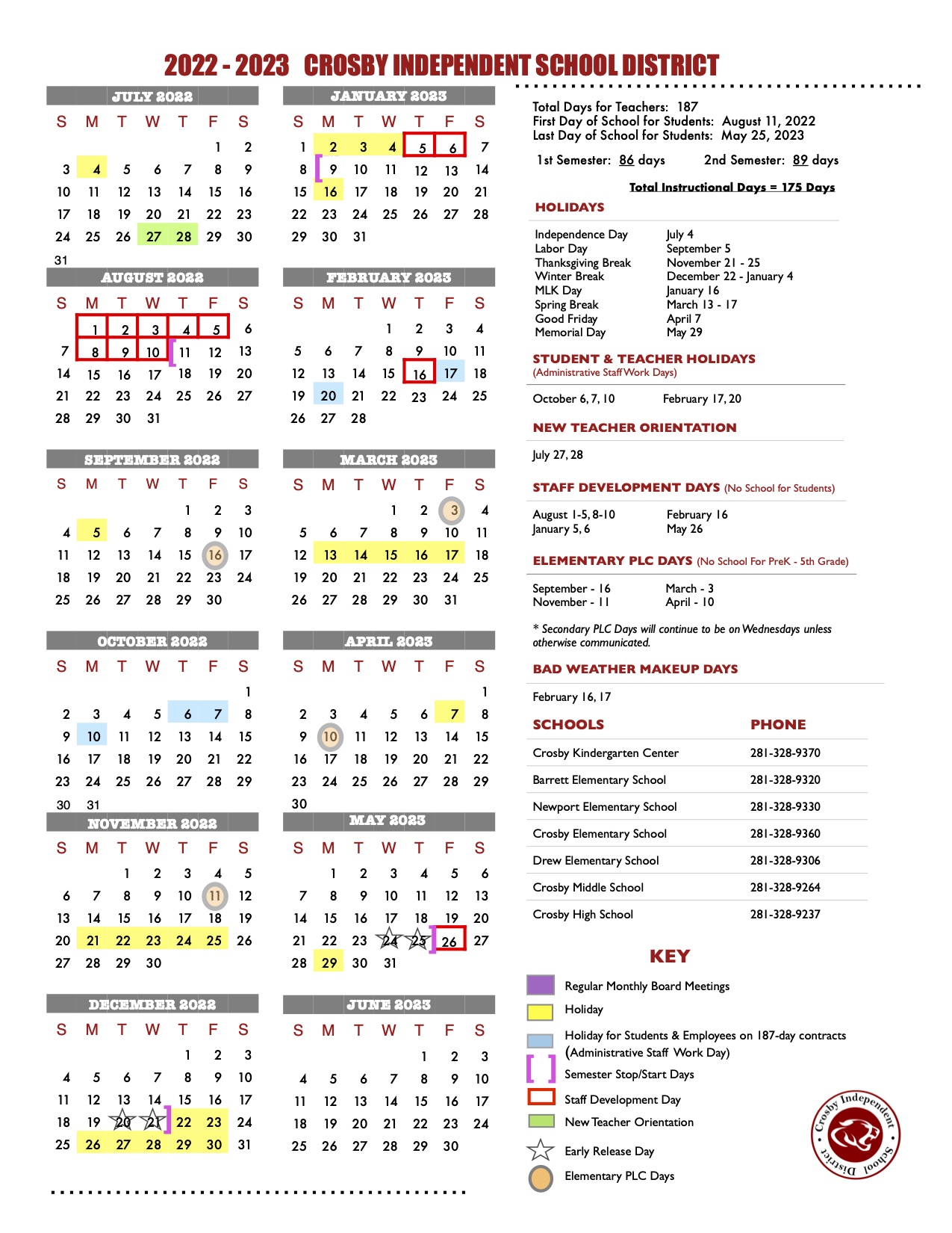 Crosby Independent School District Calendar 20242025